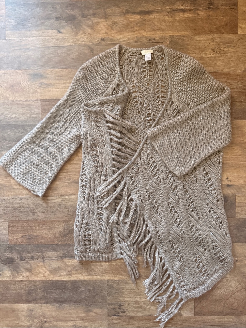 Chico's Taupe Open-Knit Fringe Cardigan